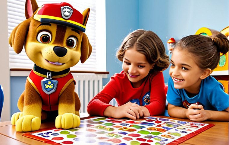 **
A group of children playing a Paw Patrol themed counting game with Paw Patrol figurines. Focus on the learning aspect, showing happy and engaged children with numbered cards and the figurines. A cozy, brightly lit room.
**