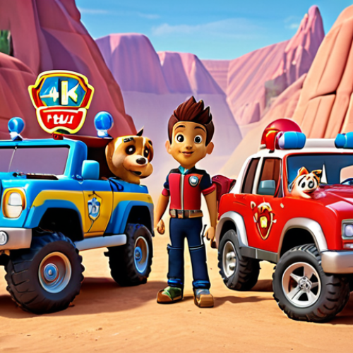 **Paw Patrol team in Adventure Bay:** The Paw Patrol team, including Ryder, Chase, Marshall, and Skye, posing heroically in Adventure Bay with their vehicles. Bright colors, dynamic composition, friendly atmosphere.