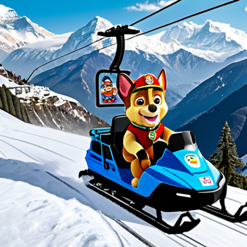 **

A vibrant illustration of Everest on her snowmobile, leading Chase through a snowy Italian Alps landscape. In the background, a cable car is stuck mid-air, with passengers waving for help. The scene should be bright and cheerful, showcasing the teamwork aspect of Paw Patrol. Include a subtle nod to Italian winter sports culture with skiers in the distance.

**