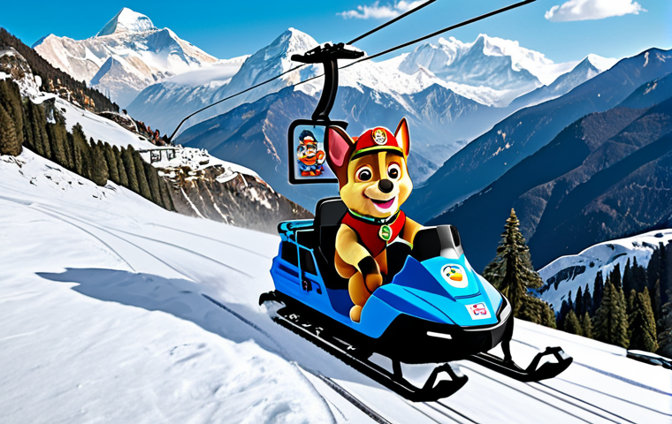 **
A vibrant illustration of Everest on her snowmobile, leading Chase through a snowy Italian Alps landscape. In the background, a cable car is stuck mid-air, with passengers waving for help. The scene should be bright and cheerful, showcasing the teamwork aspect of Paw Patrol. Include a subtle nod to Italian winter sports culture with skiers in the distance.
**