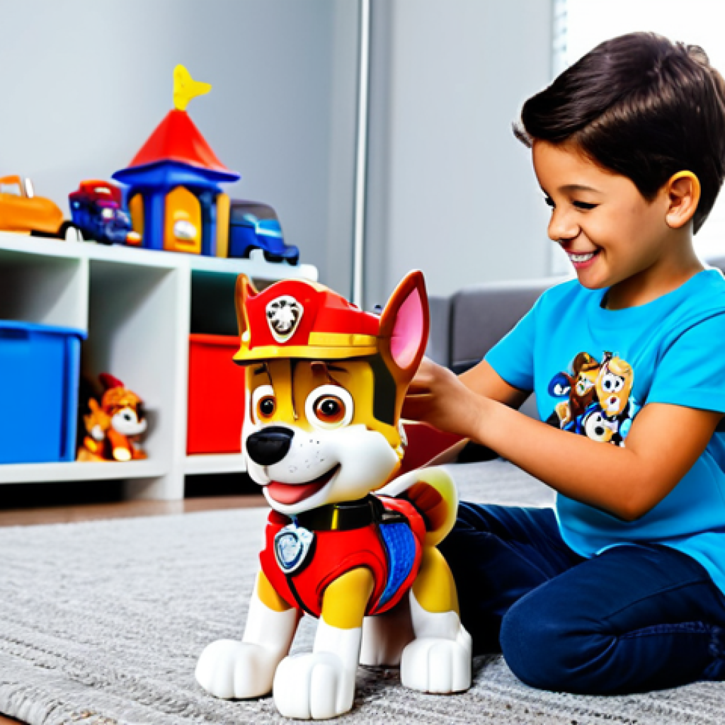 A joyful child, around 6 years old, fully engaged in imaginative play with a vibrant Paw Patrol Control Tower playset. Detailed Paw Patrol action figures (like Chase, Marshall, Skye) are active on the set. The child is comfortably seated on a soft rug in a well-lit, organized playroom, with subtle background elements. The child wears appropriate attire, modest, casual clothing. The scene is brightly lit, conveying warmth and positive childhood development. safe for work, appropriate content, fully clothed, family-friendly, perfect anatomy, correct proportions, natural pose, well-formed hands, proper finger count, natural body proportions, professional photography, high quality.