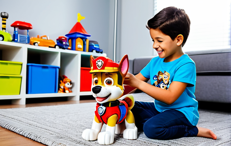 A joyful child, around 6 years old, fully engaged in imaginative play with a vibrant Paw Patrol Control Tower playset. Detailed Paw Patrol action figures (like Chase, Marshall, Skye) are active on the set. The child is comfortably seated on a soft rug in a well-lit, organized playroom, with subtle background elements. The child wears appropriate attire, modest, casual clothing. The scene is brightly lit, conveying warmth and positive childhood development. safe for work, appropriate content, fully clothed, family-friendly, perfect anatomy, correct proportions, natural pose, well-formed hands, proper finger count, natural body proportions, professional photography, high quality.