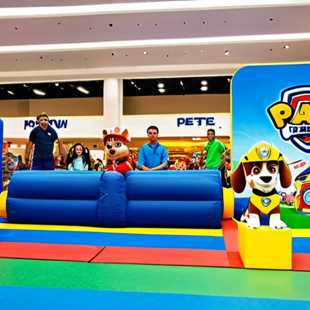 **

A vibrant scene at a "Paw Patrol" themed event in an Italian shopping mall. Children, fully clothed in appropriate attire, are enthusiastically participating in an obstacle course featuring Chase and Marshall. The background shows families enjoying the event with "Paw Patrol" decorations. The overall atmosphere is joyful and engaging, capturing the excitement of the children. Perfect anatomy, correct proportions, professional photography, high quality, safe for work, appropriate content, fully clothed, family-friendly.

**