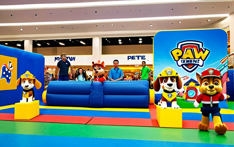 **
A vibrant scene at a "Paw Patrol" themed event in an Italian shopping mall. Children, fully clothed in appropriate attire, are enthusiastically participating in an obstacle course featuring Chase and Marshall. The background shows families enjoying the event with "Paw Patrol" decorations. The overall atmosphere is joyful and engaging, capturing the excitement of the children. Perfect anatomy, correct proportions, professional photography, high quality, safe for work, appropriate content, fully clothed, family-friendly.
**