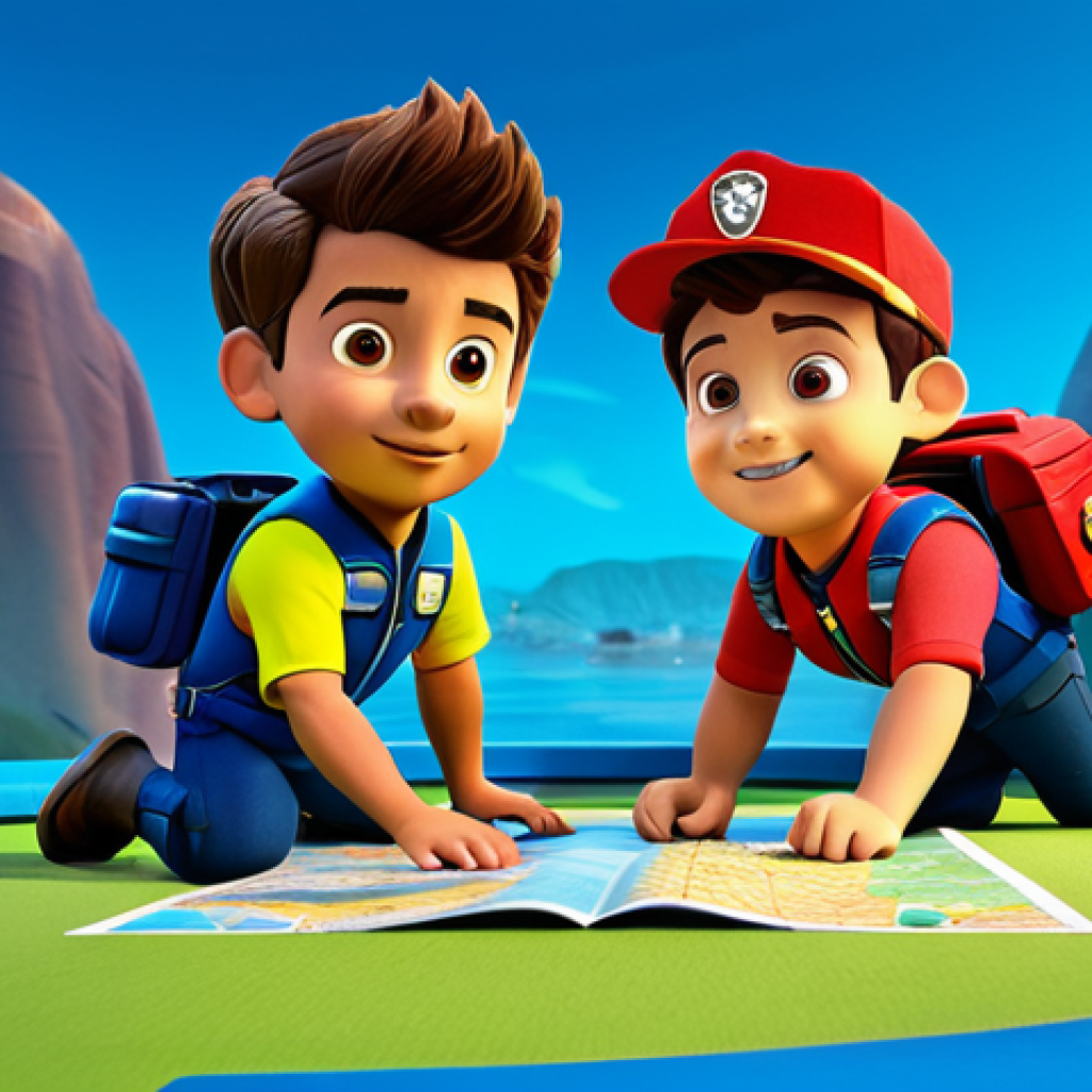 퍼피구조대 캐릭터 간 갈등 해소 - **Image Prompt:** "Paw Patrol team gathered in Adventure Bay, Ryder pointing to a map, Chase and Mar...