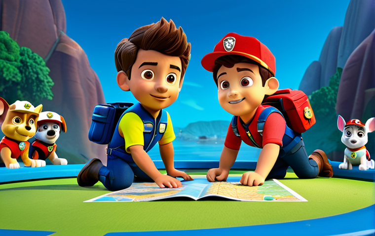 퍼피구조대 캐릭터 간 갈등 해소 - **Image Prompt:** "Paw Patrol team gathered in Adventure Bay, Ryder pointing to a map, Chase and Mar...