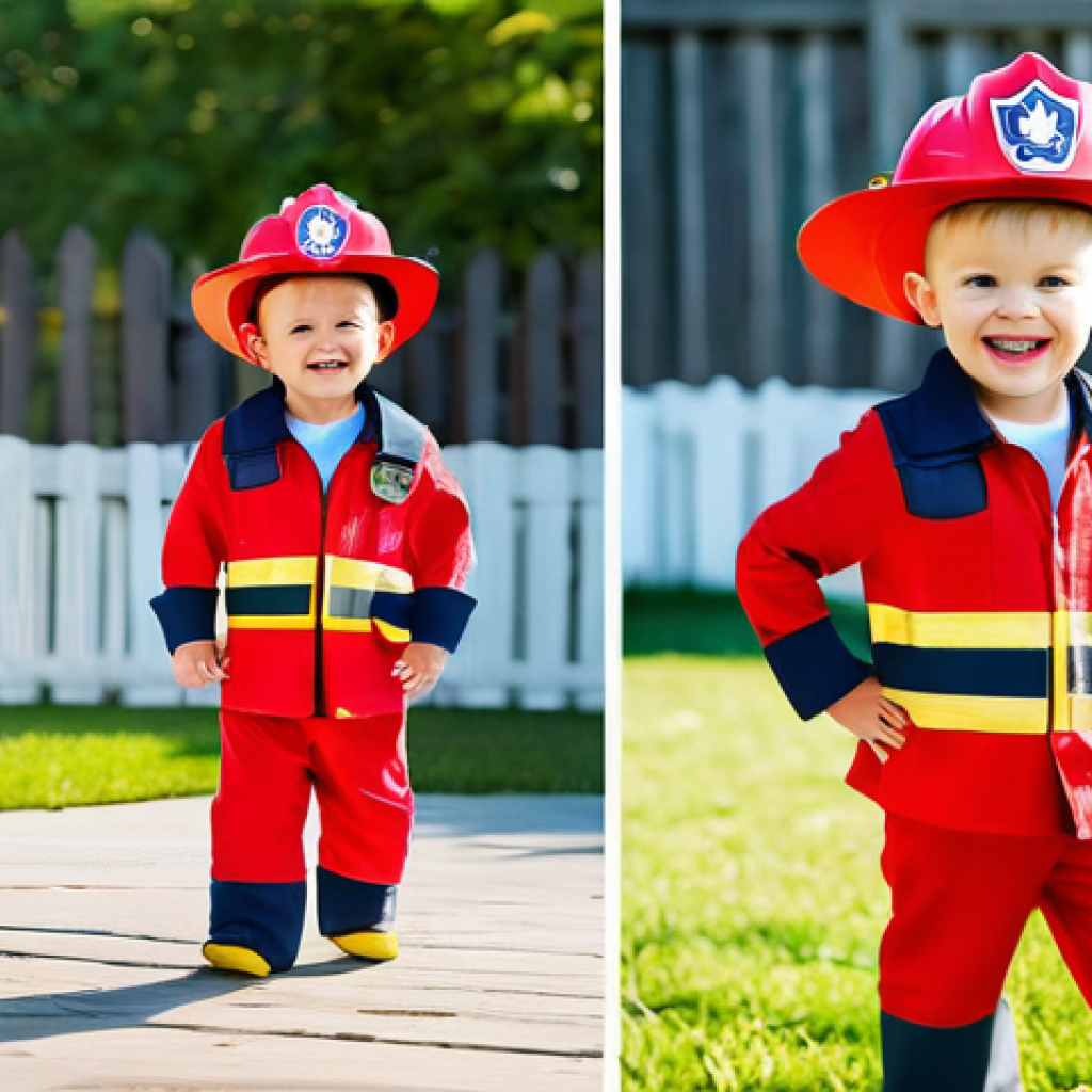 퍼피구조대 캐릭터별 코스튬 - **Prompt:** A cheerful 5-year-old boy, dressed as Marshall from Paw Patrol, is joyfully pretending t...