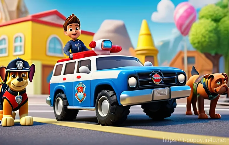 퍼피구조대 미디어 믹스 전략 - A vibrant and dynamic animated scene featuring the entire PAW Patrol team: Chase the German Shepherd...