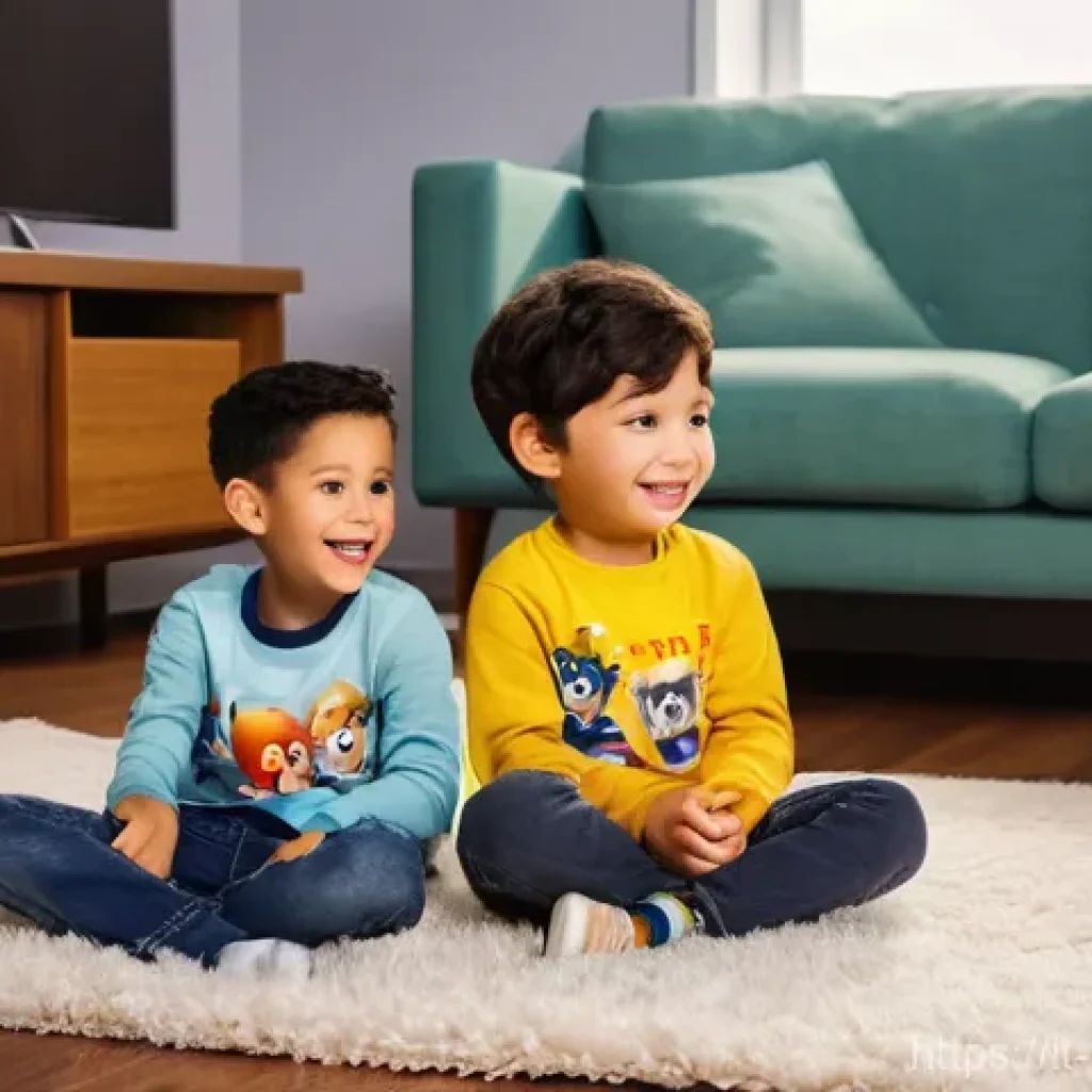 퍼피구조대 영상 콘텐츠 플랫폼 - **Prompt 1:** A vibrant, cheerful image of two young children, a boy and a girl aged approximately 5...