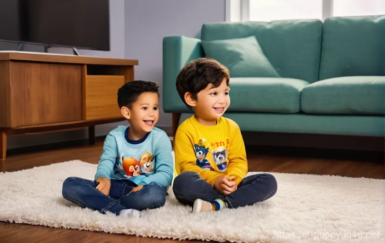 퍼피구조대 영상 콘텐츠 플랫폼 - **Prompt 1:** A vibrant, cheerful image of two young children, a boy and a girl aged approximately 5...