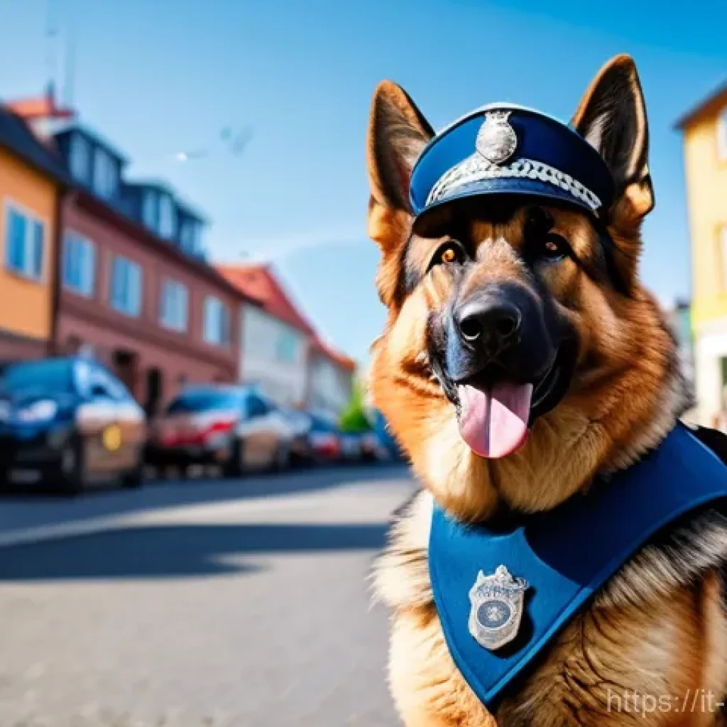 퍼피구조대 캐릭터별 성격 차별화 - **A heroic German Shepherd police dog named Chase**, wearing a detailed blue police uniform with a h...