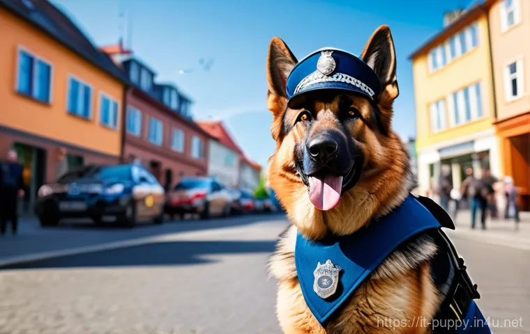 퍼피구조대 캐릭터별 성격 차별화 - **A heroic German Shepherd police dog named Chase**, wearing a detailed blue police uniform with a h...