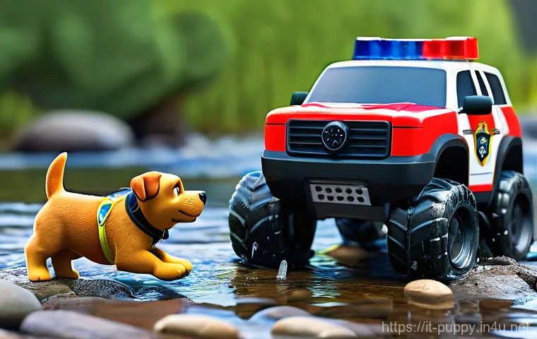 퍼피구조대 주제와 관련된 교훈 - A vibrant, dynamic illustration of the PAW Patrol team actively engaged in a coordinated rescue miss...