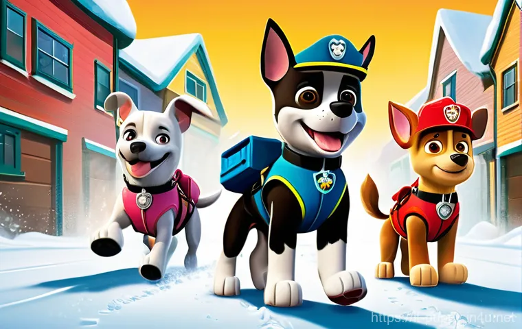 퍼피구조대 공식 포스터 디자인 - **Vibrant Action and Character Focus:**
"A vibrant and dynamic poster-style illustration featuri...