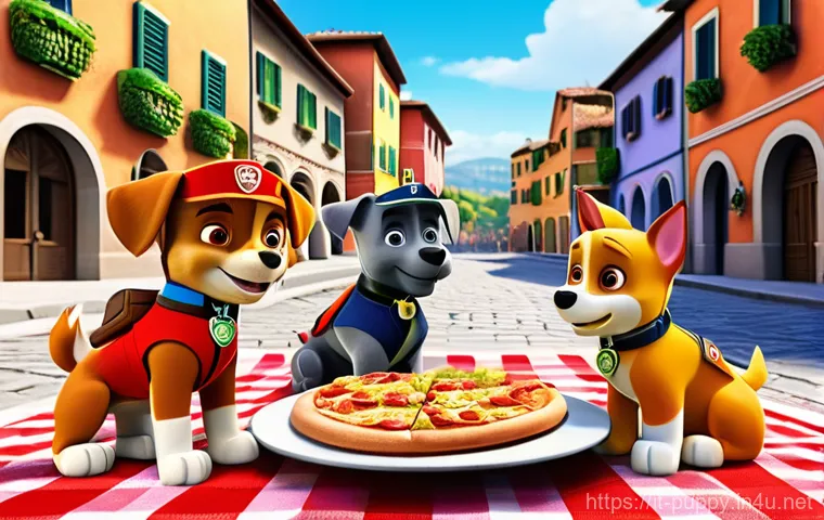 퍼피구조대 방영 국가별 차이점 - A vibrant, cheerful cartoon scene depicting Ryder and the Paw Patrol pups (Chase, Marshall, Skye, Ru...