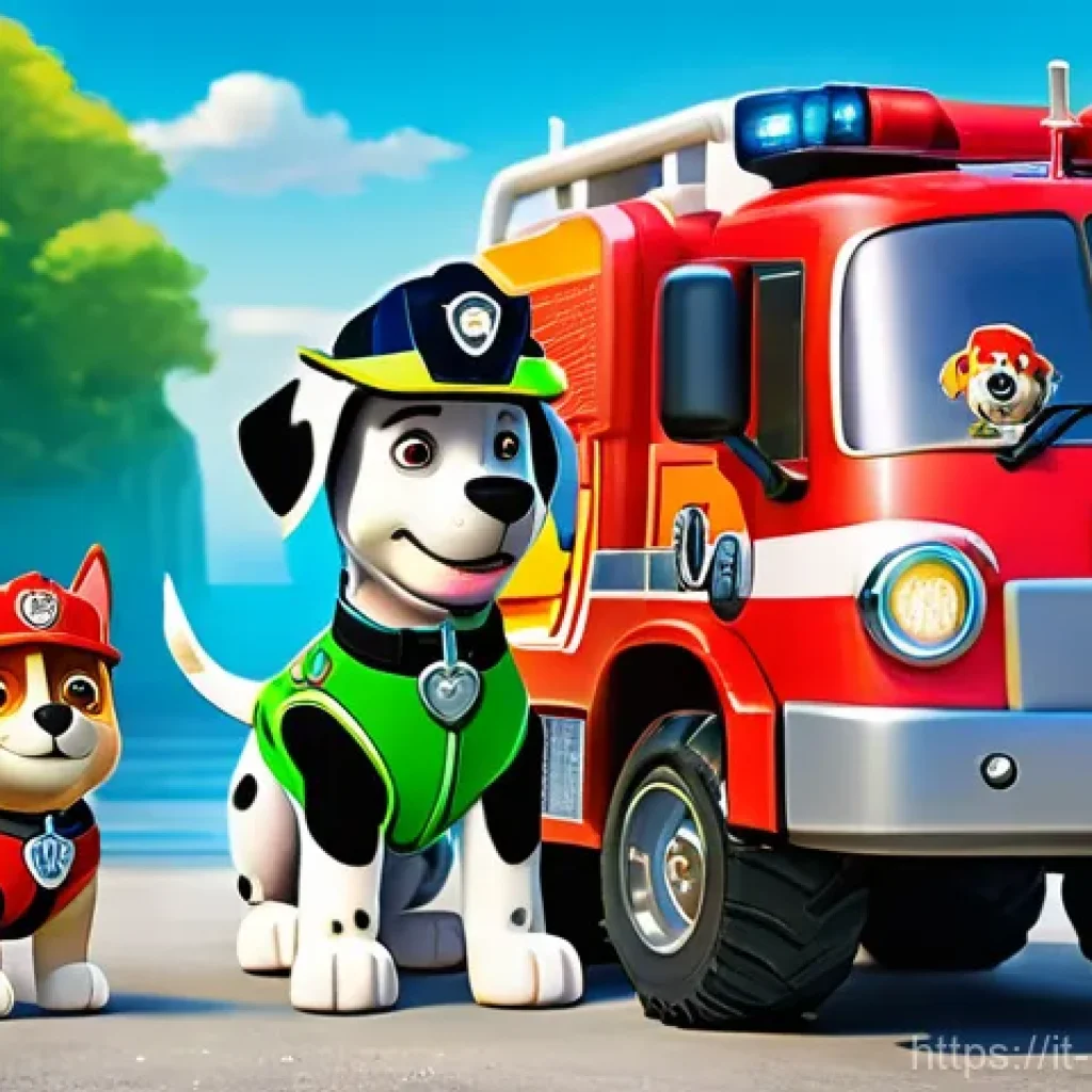 퍼피구조대 캐릭터 디자이너의 의도 - A vibrant and dynamic illustration of the entire Paw Patrol team &ndash; Chase, Marshall, Skye, Rubble, Ro...