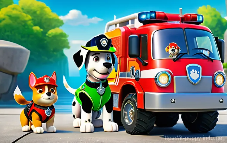 퍼피구조대 캐릭터 디자이너의 의도 - A vibrant and dynamic illustration of the entire Paw Patrol team – Chase, Marshall, Skye, Rubble, Ro...