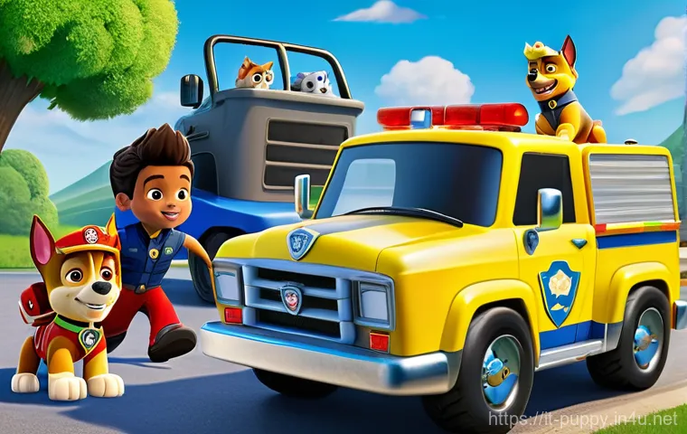 퍼피구조대 해외 인기 요인 - **Prompt: "A vibrant and cheerful illustration of the entire Paw Patrol team – Chase, Marshall, Skye...