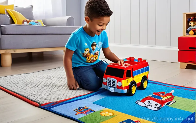 퍼피구조대 방송 후원사 - **Prompt:** A vibrant and cheerful scene inside a child's bedroom, filled with PAW Patrol merchandis...