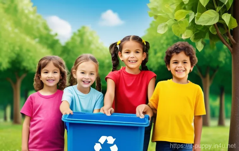 퍼피구조대의 지속가능성 메시지 - **Prompt 1: Cheerful Community Recycling**
    "A vibrant and colorful scene featuring a group of 6-...