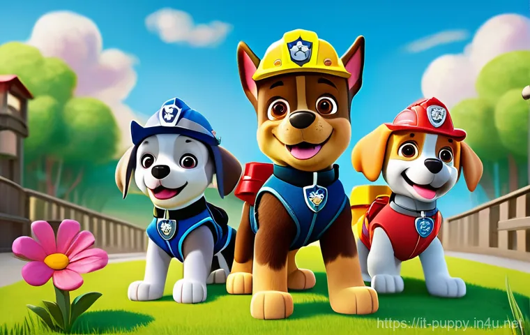 퍼피구조대 관련 소셜 미디어 해시태그 - A vibrant and energetic scene featuring four diverse PAW Patrol pups: Chase, Marshall, Skye, and Rub...