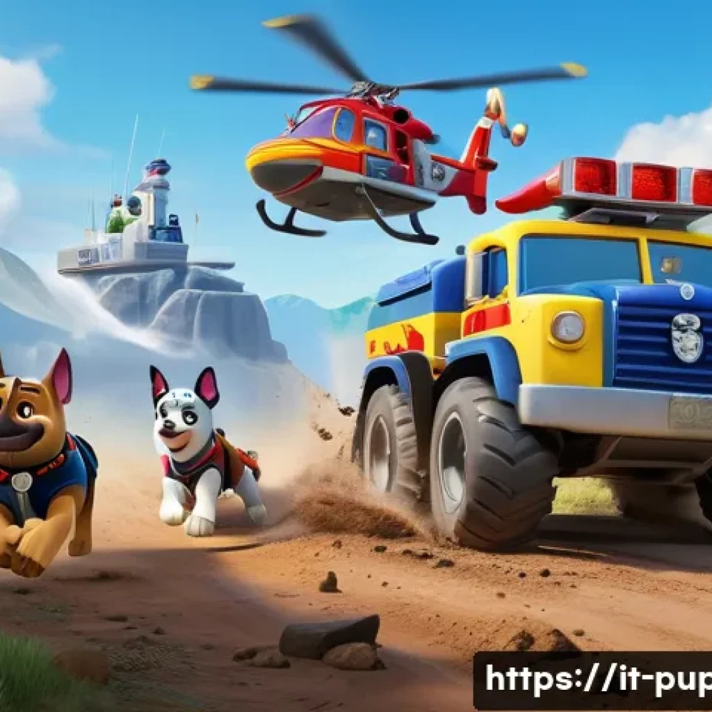 퍼피구조대 인기 회차 리뷰 - A vibrant, action-packed scene featuring the PAW Patrol team on a rescue mission. Chase, a German Sh...