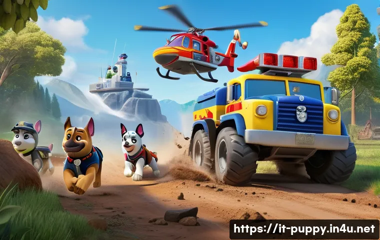 퍼피구조대 인기 회차 리뷰 - A vibrant, action-packed scene featuring the PAW Patrol team on a rescue mission. Chase, a German Sh...
