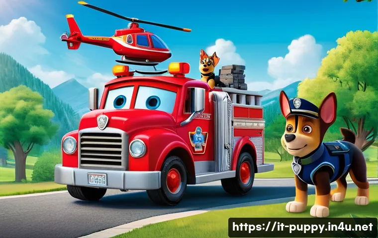 퍼피구조대 가족 시청 프로그램 - **A Vibrant Team Rescue in Adventure Bay:**
    "A bright, cheerful, and action-packed illustration ...