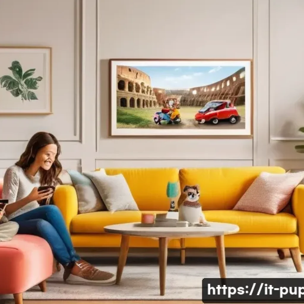 퍼피구조대 이모티콘 인기 - A lively family chat scene set in a cozy Italian living room, showing diverse family members happily...