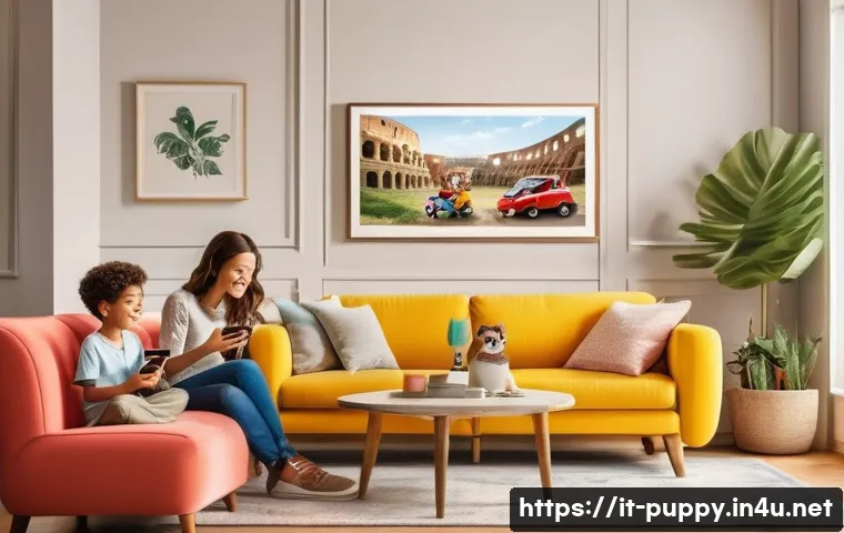 퍼피구조대 이모티콘 인기 - A lively family chat scene set in a cozy Italian living room, showing diverse family members happily...