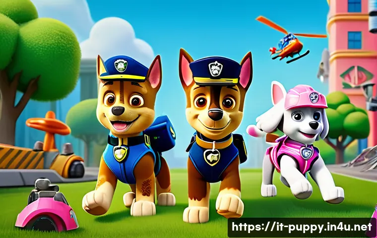 퍼피구조대 게임 출시 정보 - A vibrant, detailed scene featuring the Paw Patrol pups in action during a cooperative rescue missio...