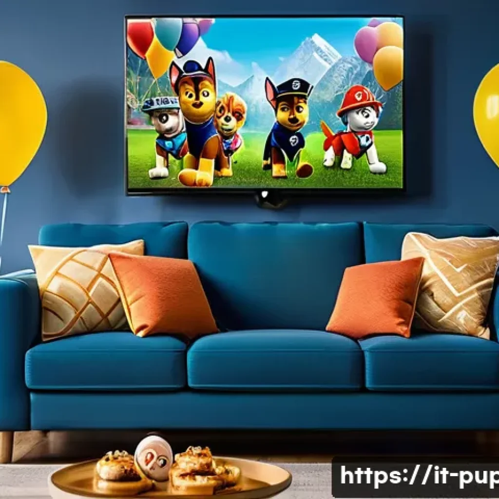 퍼피구조대 특별판 DVD - A colorful family living room scene during a Paw Patrol themed movie night: a cozy sofa with childre...