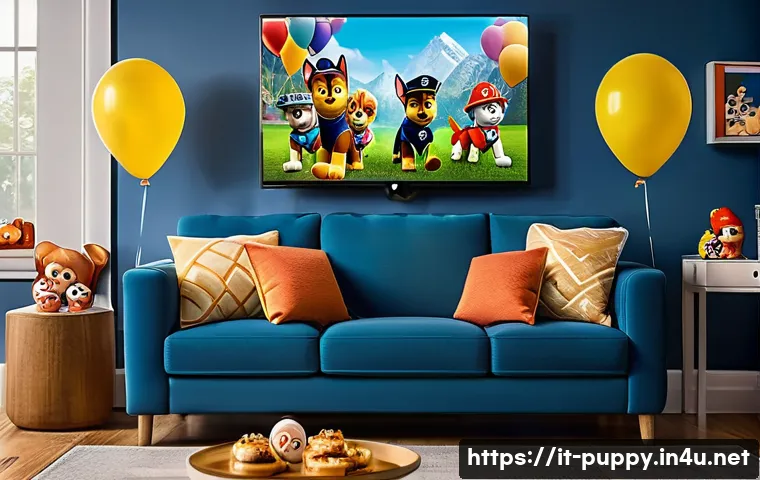 퍼피구조대 특별판 DVD - A colorful family living room scene during a Paw Patrol themed movie night: a cozy sofa with childre...