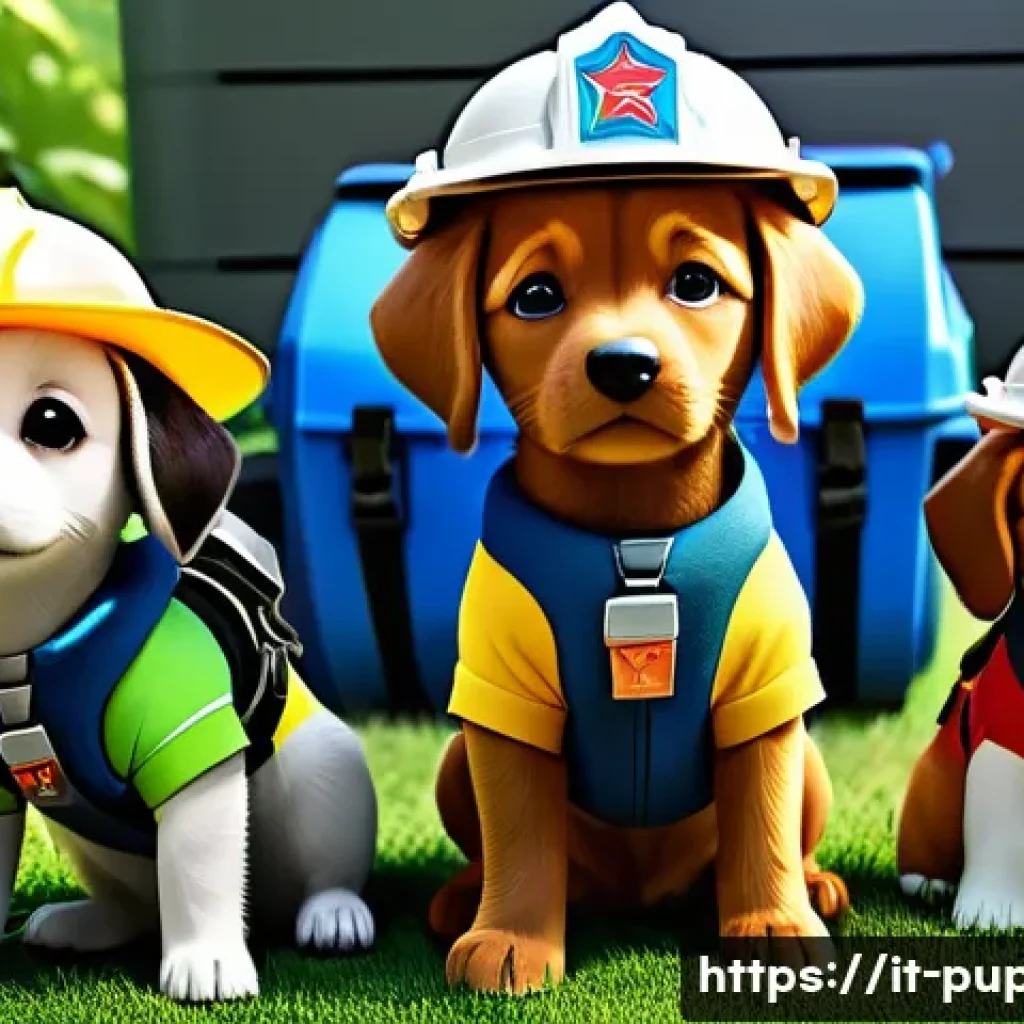 퍼피구조대 시즌별 주요 캐릭터 변화 - A vibrant scene featuring a group of diverse animated puppies from a rescue team, each wearing color...