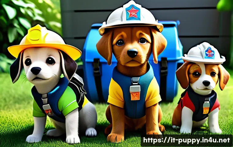 퍼피구조대 시즌별 주요 캐릭터 변화 - A vibrant scene featuring a group of diverse animated puppies from a rescue team, each wearing color...