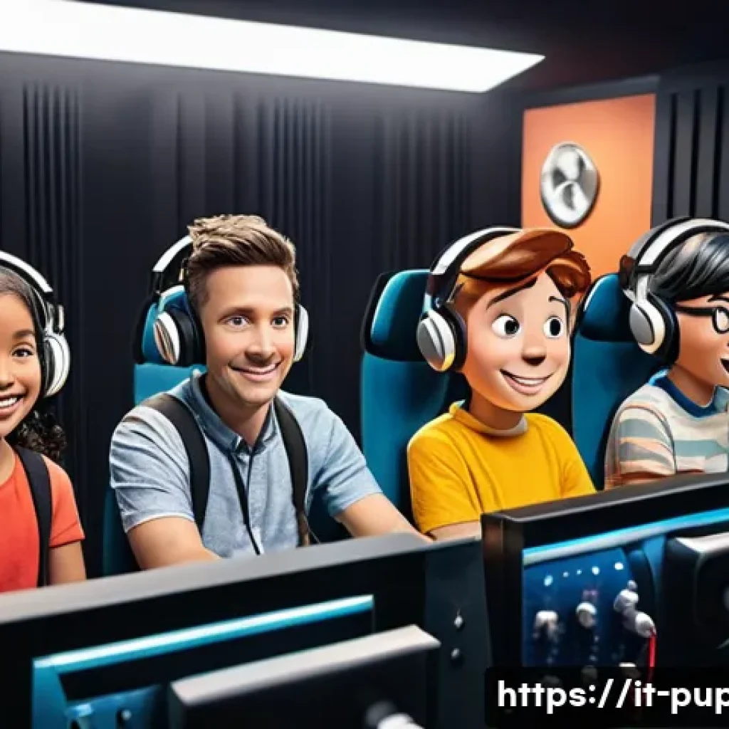 퍼피구조대 주요 목소리 연기자 - A lively recording studio scene featuring diverse voice actors seated in soundproof booths, each wea...