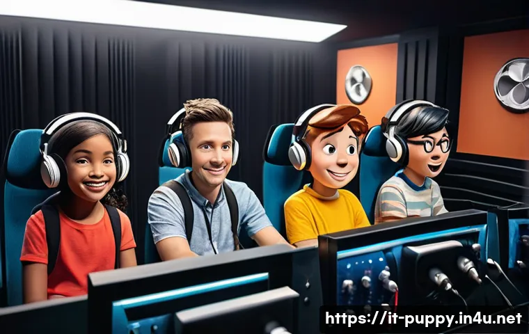 퍼피구조대 주요 목소리 연기자 - A lively recording studio scene featuring diverse voice actors seated in soundproof booths, each wea...
