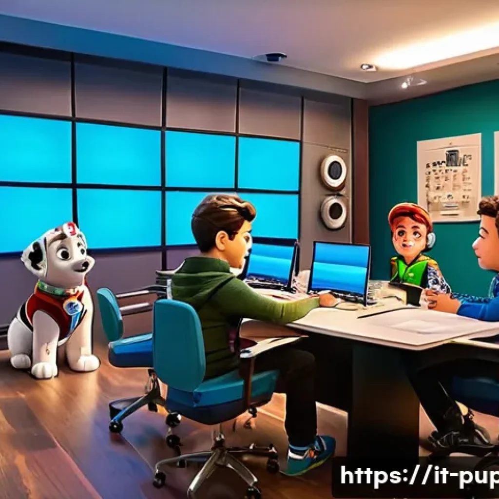 퍼피구조대 주요 배우 인터뷰 - A vibrant recording studio scene featuring diverse Italian voice actors passionately dubbing animate...