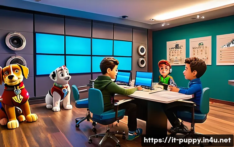 퍼피구조대 주요 배우 인터뷰 - A vibrant recording studio scene featuring diverse Italian voice actors passionately dubbing animate...
