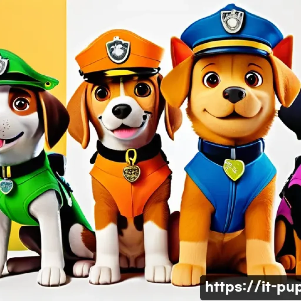 퍼피구조대의 색채 디자인 - A vibrant and dynamic scene featuring six animated puppies dressed in colorful uniforms inspired by ...