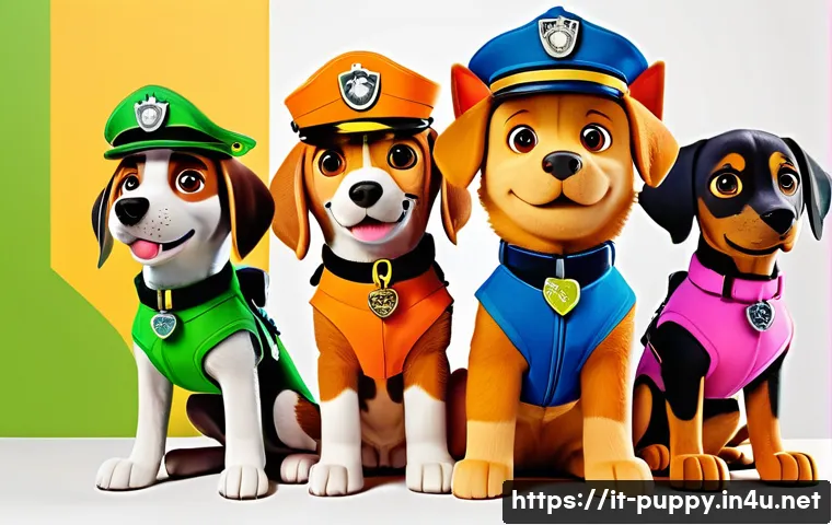 퍼피구조대의 색채 디자인 - A vibrant and dynamic scene featuring six animated puppies dressed in colorful uniforms inspired by ...