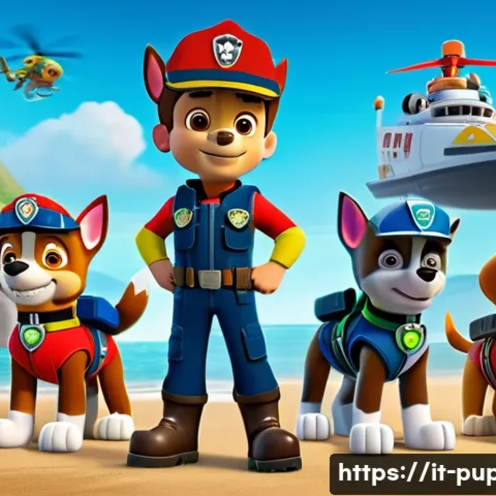 퍼피구조대 캐릭터 상호작용 - A dynamic and colorful group scene of the Paw Patrol team featuring Ryder as the calm and decisive l...