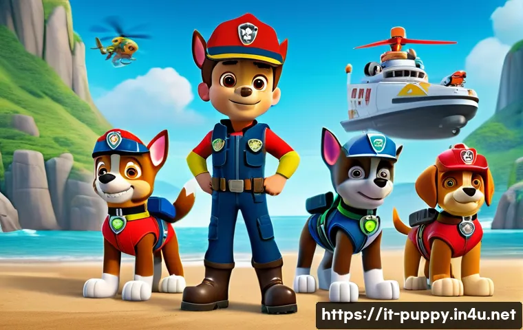 퍼피구조대 캐릭터 상호작용 - A dynamic and colorful group scene of the Paw Patrol team featuring Ryder as the calm and decisive l...
