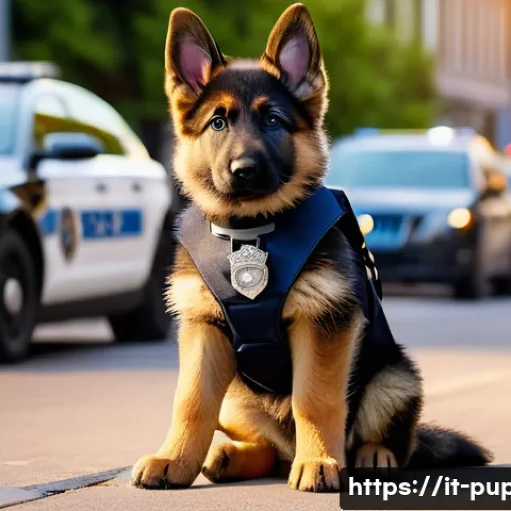 퍼피구조대 주연 캐릭터 심리 분석 - A detailed, heartwarming scene of a courageous German Shepherd police puppy wearing a neat police un...