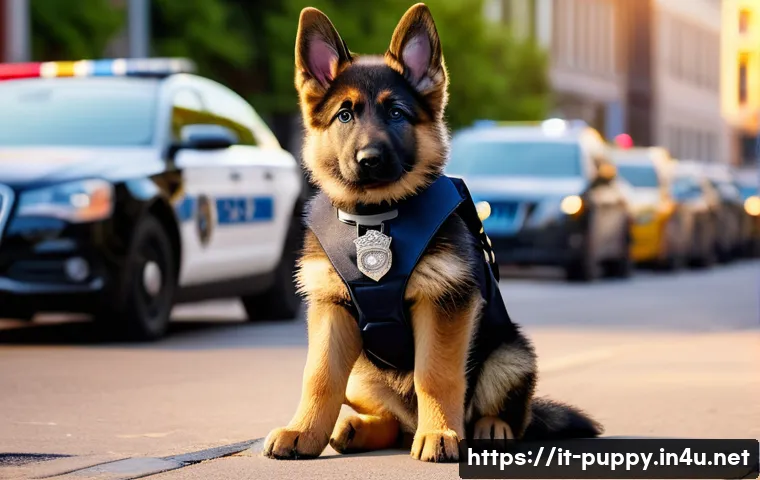 퍼피구조대 주연 캐릭터 심리 분석 - A detailed, heartwarming scene of a courageous German Shepherd police puppy wearing a neat police un...
