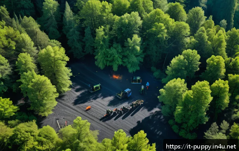 퍼피구조대와 자연 보호 활동 - A detailed aerial scene of an Italian forest at risk of wildfire, captured by drones equipped with e...