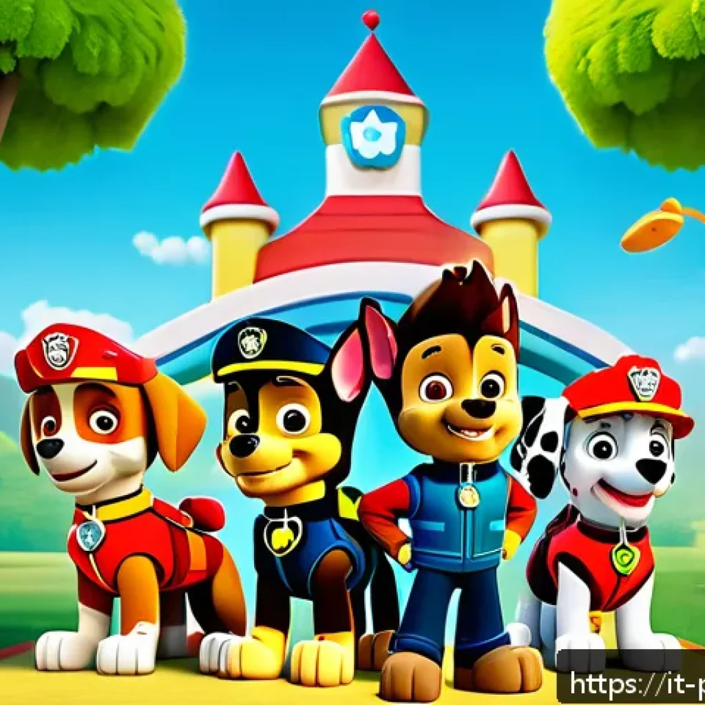퍼피구조대 테마파크 제안 - A vibrant and colorful interactive playground inspired by Paw Patrol, filled with cheerful children ...