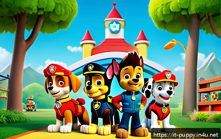 퍼피구조대 테마파크 제안 - A vibrant and colorful interactive playground inspired by Paw Patrol, filled with cheerful children ...