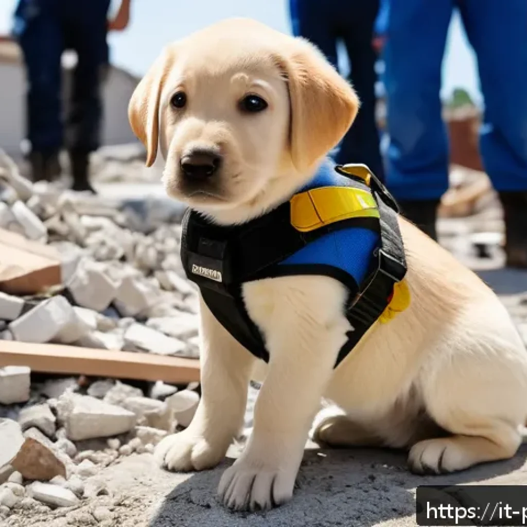 퍼피구조대와 관련된 미디어 기사 - A highly detailed scene of a young Labrador Retriever puppy wearing a secure, comfortable harness an...