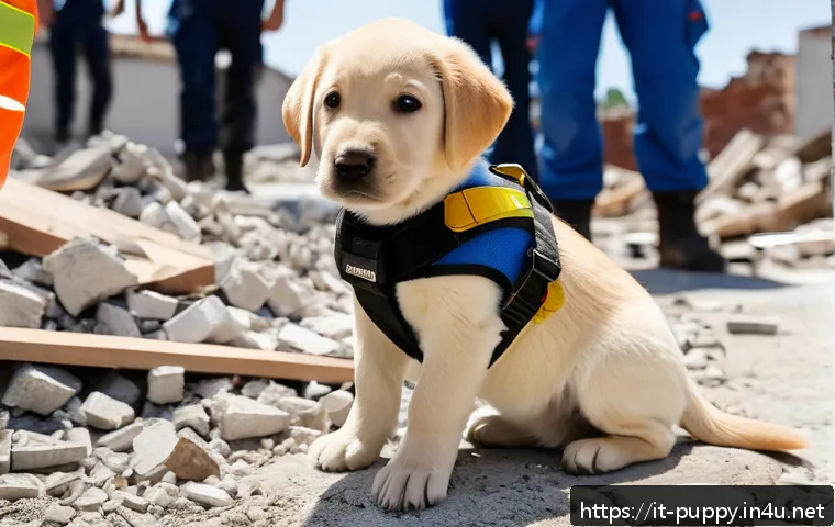 퍼피구조대와 관련된 미디어 기사 - A highly detailed scene of a young Labrador Retriever puppy wearing a secure, comfortable harness an...